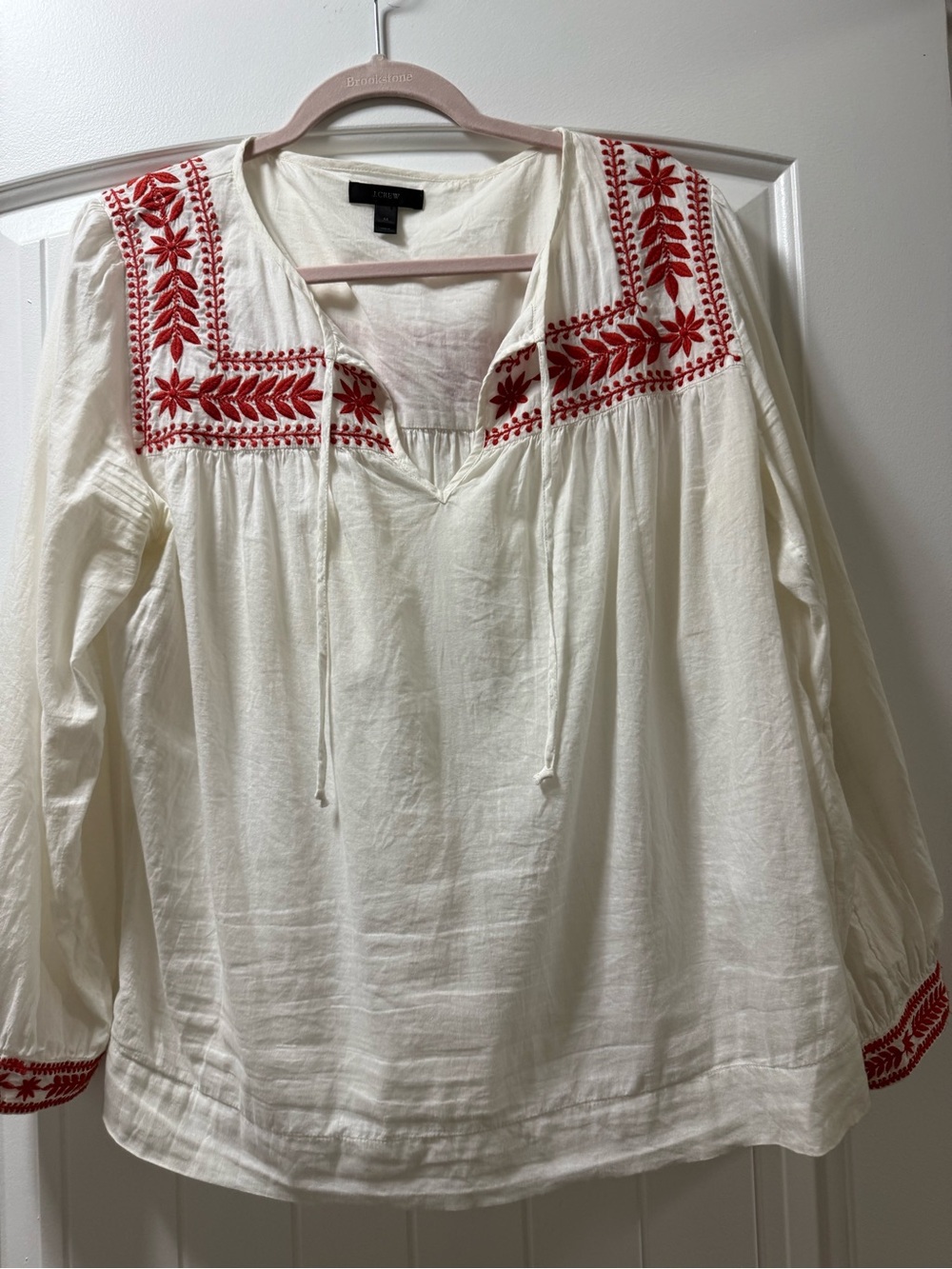 J. Crew White Peasant Blouse with Red Embroidery